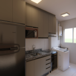 Projeto de armários de cozinha e lavanderia em bege escuro