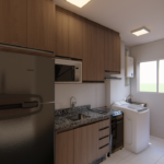 Projeto de armários de cozinha e lavanderia amadeirado escuro