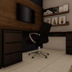 Projeto de bancada em "L" com painel de tv e 02 volantes