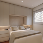 Projeto de quarto com cama de casal embutida no guarda-roupa
