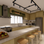 Projeto de cozinha branca e verde moderna com pedra branca e ilha central e nicho de metalon