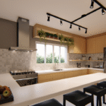 Projeto de cozinha cinza moderna com pedra branca e ilha central e nicho de metalon