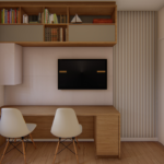 Projeto de bancada U em tauari com painel de tv e nicho superior com basculantes