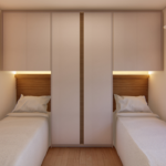 Projeto de guarda-roupa para 02 camas embutidas com cabeceira em madeira com fita led