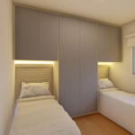 Projeto de quarto com 02 camas embutidas no guarda-roupa e cabeceira em cor maranta