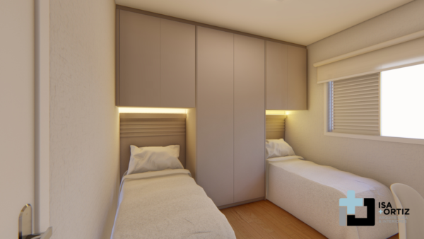Projeto de quarto com 02 camas embutidas no guarda-roupa e cabeceira com fita led