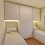 Projeto de quarto branco com 02 camas embutidas no guarda-roupa e cabeceira com fita led