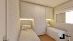 Projeto de quarto branco com 02 camas embutidas no guarda-roupa e cabeceira com fita led