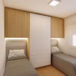 Projeto de quarto branco e freijó com 02 camas embutidas no guarda-roupa e cabeceira com fita led