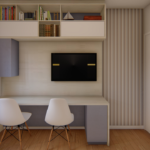 Projeto de bancada U com painel de tv e nicho superior com basculantes na cor maranta e azul sereno e branco