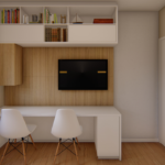 Projeto de bancada U com painel de tv e nicho superior com basculantes freijó e branco