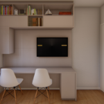 Projeto de bancada U com painel de tv e nicho superior com basculantes na cor gianduia