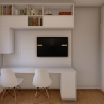 Projeto de bancada U com painel de tv e nicho superior com basculantes na cor branco