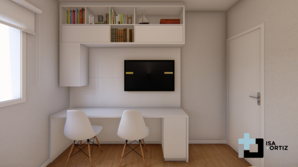 Projeto de bancada U com painel de tv e nicho superior com basculantes na cor branco