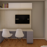 Projeto de bancada com painel de tv e nicho superior com basculantes na cor branco e azul e maranta