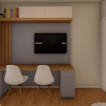 Projeto de bancada com painel de tv e nicho superior com basculantes na cor azul e frapê e tauari