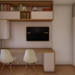 Projeto de bancada U com painel de tv e nicho superior com basculantes na cor tauari e frapê