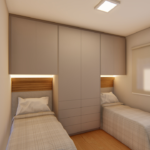 Projeto de guarda-roupa para 02 camas embutidas e cabeceira estofada com fita led na cor gianduia e tauari