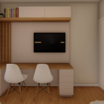 Projeto de bancada com painel de tv e nicho superior com basculantes na cor frapê e tauari