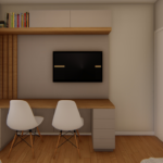 Projeto de bancada com painel de tv e nicho superior com basculantes na cor gianduia e tauari