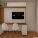 Projeto de bancada com painel de tv e nicho superior com basculantes na cor branco e tauari