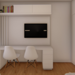 Projeto de bancada com painel de tv e nicho superior com basculantes na cor branco