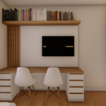 Projeto de bancada com 02 gaveteiros e painel de tv e prateleira superior na cor branco e tauari