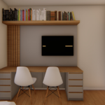 Projeto de bancada com 02 gaveteiros e painel de tv e prateleira superior na cor gianduia e tauari