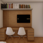 Projeto de bancada com 02 gaveteiros e painel de tv e prateleira superior na cor tauari e gianduia