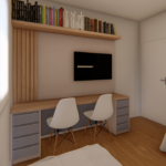 Projeto de bancada com 02 gaveteiros e painel de tv e prateleira na cor frapê e carvalho ibiza e azul sereno