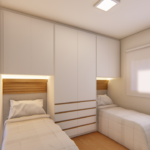 Projeto de quarto na cor palha e branco e tauari para 02 camas embutidas no guarda-roupa