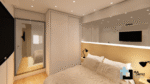 PROJETO DE QUARTO COM CAMA DE CASAL NA COR BRANCO COM MADEIRA CLARA E ESPELHO 2,57 X 3,18 - 02.0015 - Imagem 7