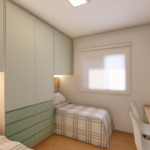 Projeto de quarto masculino em frapê e verde e carvalho ibiza para 02 camas embutidas no guarda-roupa