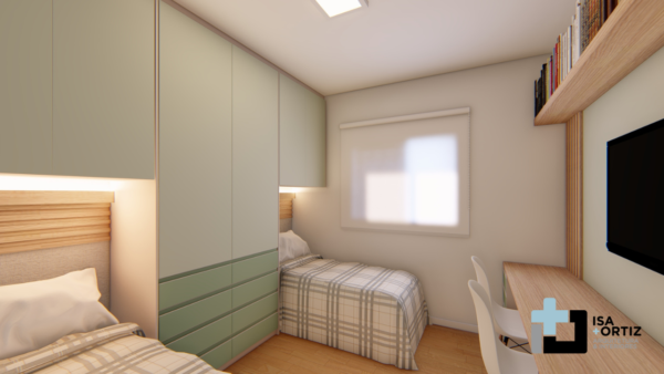 Projeto de quarto masculino em frapê e verde e carvalho ibiza para 02 camas embutidas no guarda-roupa