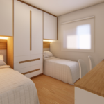 Projeto de quarto branco e tauari para 02 camas embutidas no guarda-roupa