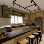 Projeto de cozinha verde em madeira clara com pedra preta com ilha central