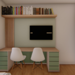 Projeto de bancada com 02 gaveteiros e painel de tv e prateleira