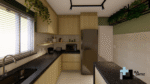 PROJETO DE COZINHA VERDE EM MADEIRA CLARA COM PEDRA PRETA, ILHA CENTRAL E NICHO DE METALON PRETO 3,20 x 4,90m - 02.0074 - Imagem 9
