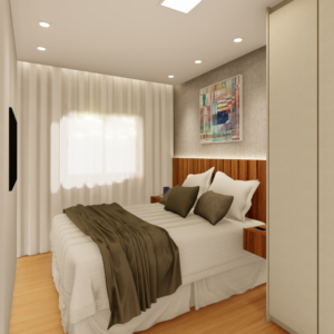 PROJETO DE QUARTO CASAL COM GUARDA ROUPA DE CANTO BEGE E CABECEIRA RIPADA DE MADEIRA 2,50 X 4,30 - 02.0005