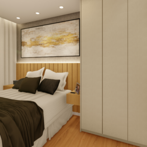 PROJETO DE QUARTO CASAL COM GUARDA ROUPA DE CANTO EM L BEGE E CABECEIRA RIPADA MADEIRA MARFIM 2,50 X 4,30 - 02.0008