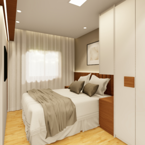 PROJETO DE QUARTO CASAL COM GUARDA ROUPA DE CANTO EM L BRANCO E CABECEIRA RIPADA DE MADEIRA 2,50 X 4,30 - 02.0004