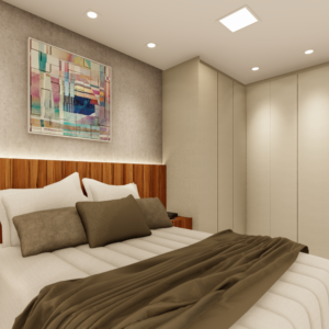 PROJETO DE QUARTO CASAL COM GUARDA ROUPA DE CANTO BEGE E CABECEIRA RIPADA DE MADEIRA 2,50 X 4,30 - 02.0005