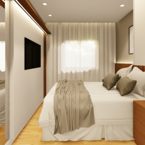 PROJETO DE QUARTO CASAL COM GUARDA ROUPA DE CANTO EM L BRANCO E CABECEIRA RIPADA DE MADEIRA 2,50 X 4,30 - 02.0004