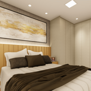 PROJETO DE QUARTO CASAL COM GUARDA ROUPA DE CANTO EM L BEGE E CABECEIRA RIPADA MADEIRA MARFIM 2,50 X 4,30 - 02.0008