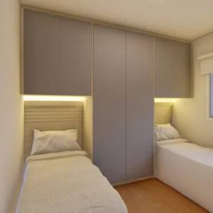 Projeto de guarda-roupa para 02 camas embutidas com cabeceira em cor maranta com fita led