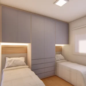 Projeto de quarto na cor gelo e frapê e azul sereno e carvalho ibiza para 02 camas embutidas no guarda-roupa