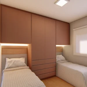 Projeto de quarto feminino cinza e rosa glamour e carvalho ibiza para 02 camas embutidas no guarda-roupa