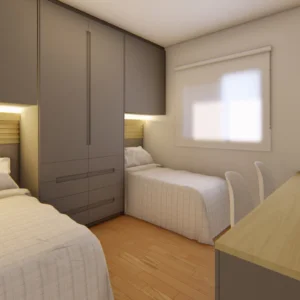 Projeto de quarto cinza escuro e oasis para 02 camas embutidas no guarda-roupa