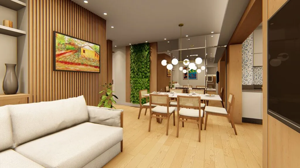 Projeto de interiores de sala de jantar e estar com varanda com banco estofado para espaço do café de apartamento.