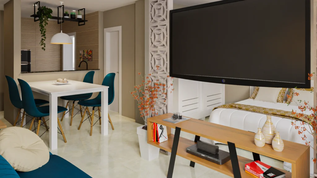 Projeto de sala de estar e jantar integrada com o quarto e cozinha americana.